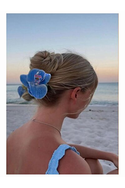Diloshtrend Design Kadın  Mavi Orkide Çiçeği Aloha Mandal Toka (10cm)