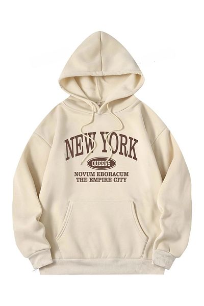 PALPİTO Μπεζ NY Queens Printed - Φούτερ Unisex Hoodie με κουκούλα 3 νημάτων