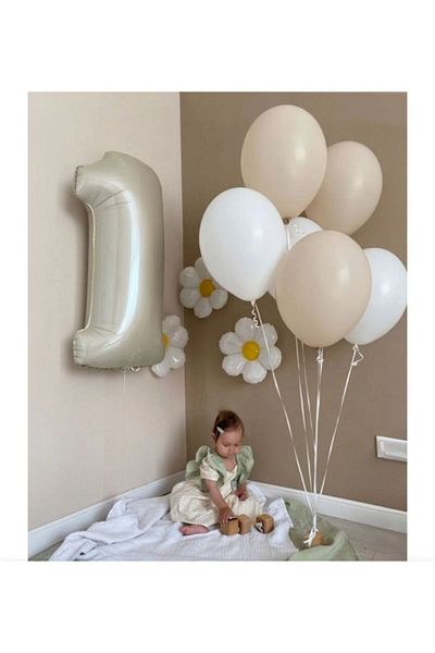 Çemrek Süs Parti Cream Beige 1 Year Old Foil Balloon Set with Daisy Balloon 1 Year Old Decoration Set 14 Pieces