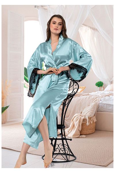 FAAL Rochie lungă kimono cu dantelă din satin, verde mentă 5903