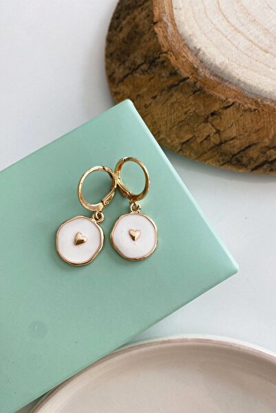 Dora Accessories Beyaz Mineli Minimal Kalp Altın Renk Küpe