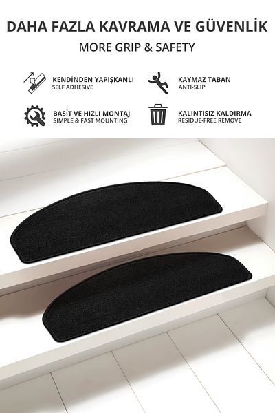 Stepmat 16-Piece Economical Step and Stair Mat in Black Curl Carpet - Half Moon