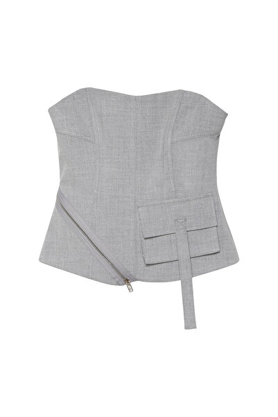 Quzu Fermuar Detaylı Bluz Açık Gri