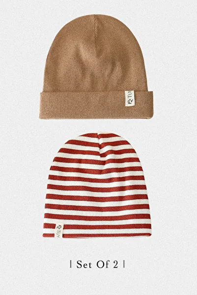 Doğan Collection Ribbed 2-piece Tan-striped Brick Beanie Set