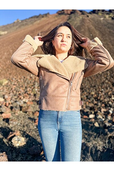 ARV MODA FASHİON THAT İNSPİRES Faux Suede Crop Biker Jacket with Faux Fur Inside