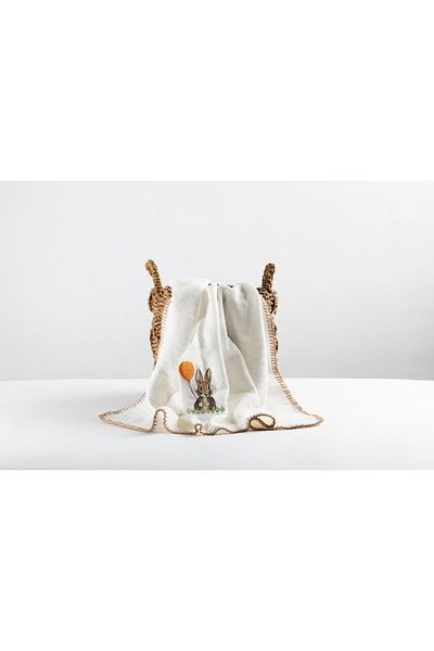 BEN BABY 90x80 Muslin Blanket - Organic 100% Cotton, 4 Layer Balloon, Rabbit Embroidered Multi-purpose