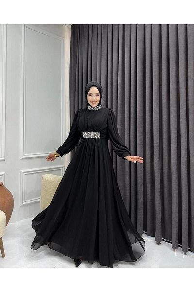 MERVEPLUME Black Chiffon Hijab Evening Dress - Stone Detailed