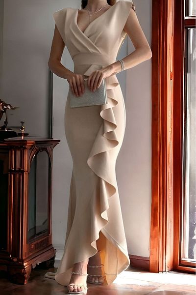ALFUDO Moda Collection Rochie de mireasă de absolvire din țesătură Bej Scuba Diver Fustă cu guler dublu