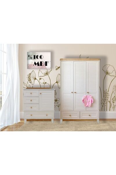 Koza %100 Mdf Nova Full Panjur Ahşap Beyaz 3 Kapılı Dolap & Nova Full Panjur Şifonyer