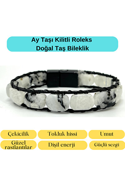 Certified Moonstone Lock Closure Roleks Natural Stone Leather Bracelet
