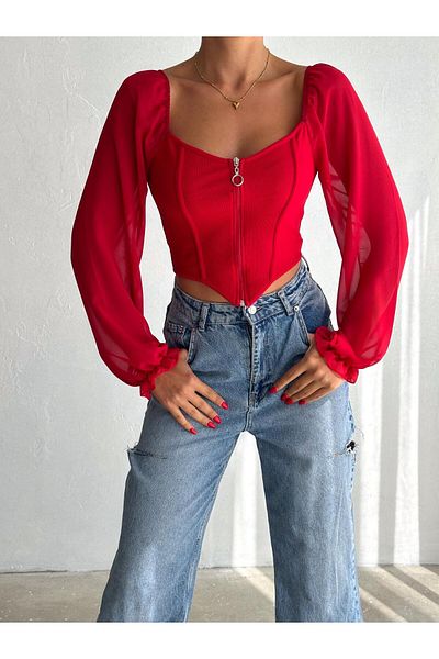 aytenli Lightweight Chiffon Sleeve Zippered Ottoman Triangle Blouse