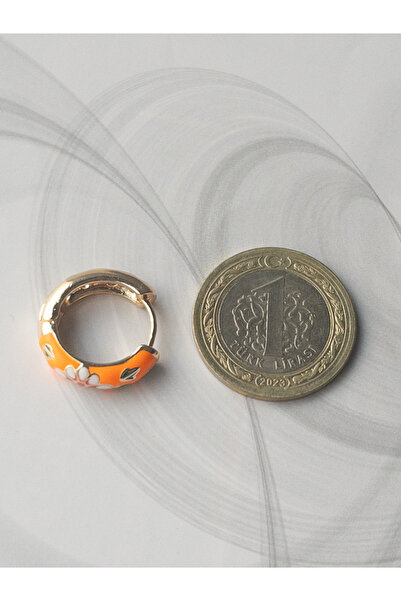 Siya Silver Turuncu Çiçekli Mineli Gold Renk Küpe