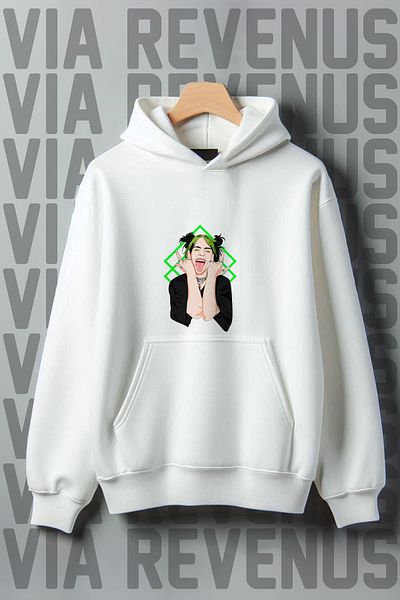 Vordevia Billie Eilish Patterned - 3 Thread Kangaroo Pocket, Wide Fit White Hooded Sweatshirt
