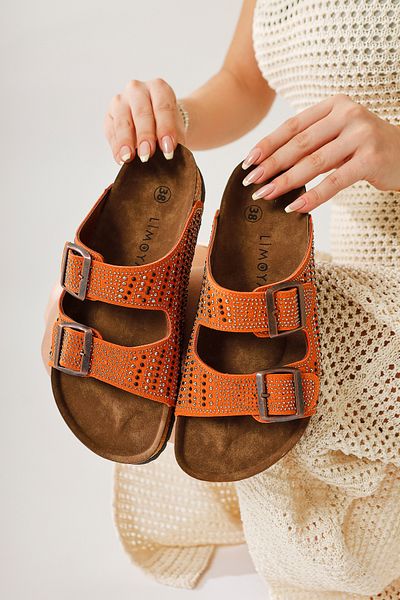 Limoya Aire Orange, Orange Double Banded Stone Detailed Women's Slippers