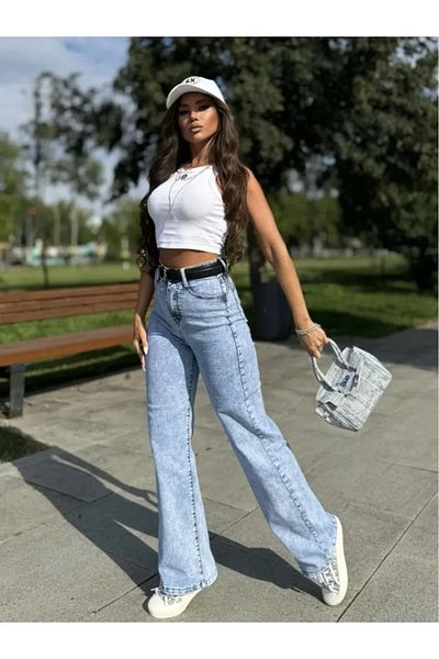 TRENDNATUREL Ceen Women's Light Blue High Waist Wide Leg Palazzo Jeans