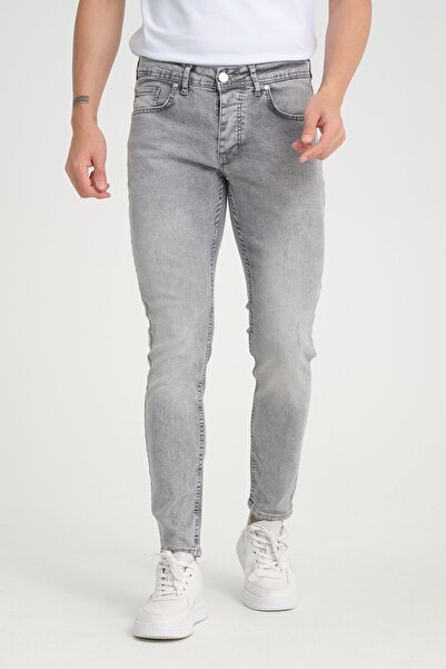 OneZero Erkek Açık Kar Yıkama Gri Skinny Fit Düğmeli Pantolon