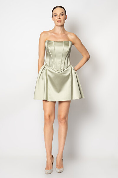 RENGIN Üstü balenli korsajlı eteği yandan büzgülü saten abiye elbise