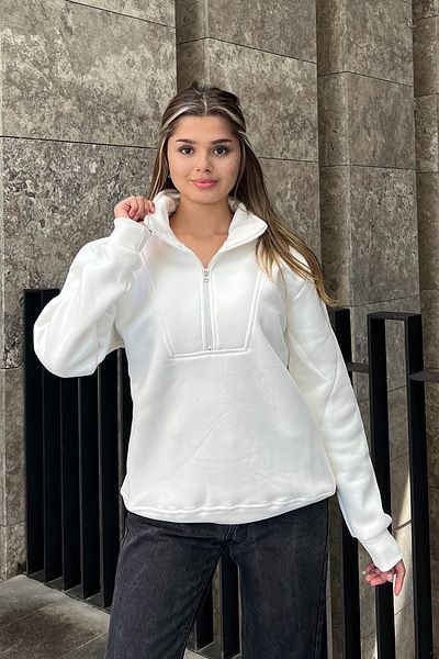 la & vetta Oversize White Sweatshirt - Zipper Detailed