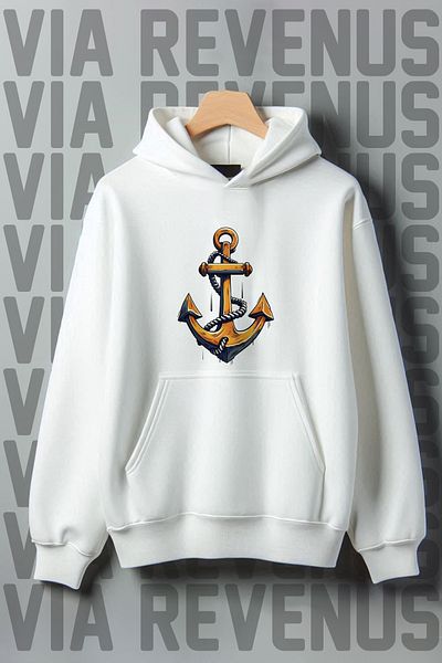 Vordevia Oversize Hooded Sweatshirt - Anchor Printed, Kangaroo Pocket, 3 Thread Raster