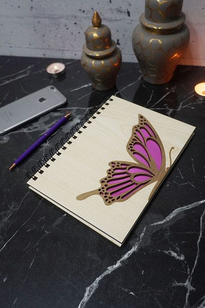 markcat Butterfly Patterned Diary Notebook with Wooden Cover - Agenda - Unlined Notebook