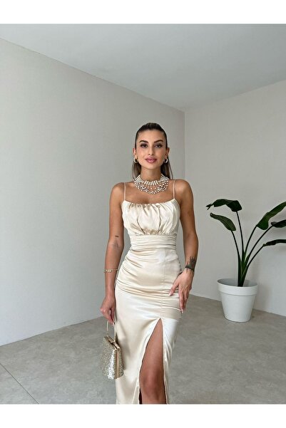 MaviFiDesign Women's Trendy Stylish Cream Thin Strap Draped Vencover Satin Dress