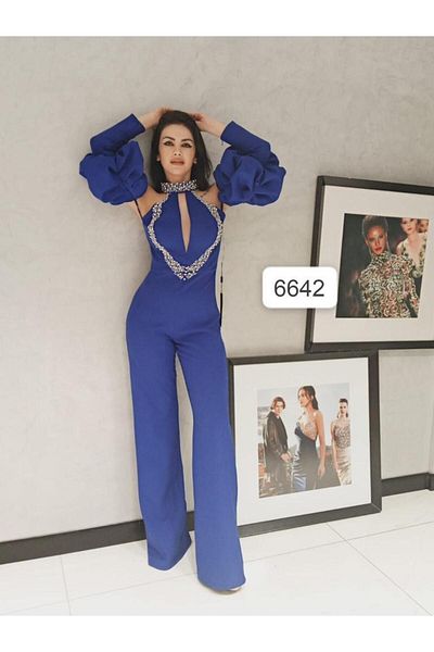 Robes Stone EmbroIdered Crepe EvenIng Dress JumpsuIt wIth Balloon Sleeve and ZIpper - Flare Leg