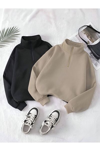 trendgar BEIGE and BLACK - Stand Collar Half Zippered Flat Sweater