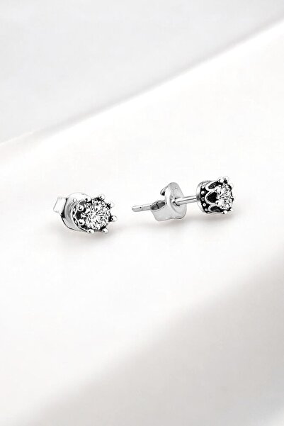 jelux silver Gümüş 925 Ayar Taç Model Tek Taş 4.5 Mm Çivili Küpe