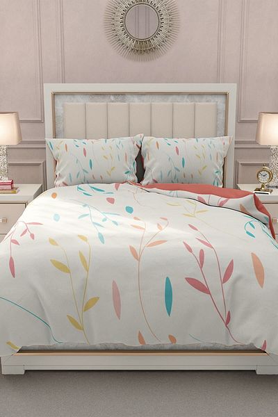 MonoHome 100% Cotton Satin Double Duvet Cover Set with Elastic Sheets and Leaf