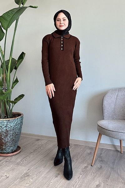 InStyle Πλεκτό Πικρό Καφέ Φόρεμα - Ριμπ Γιακά