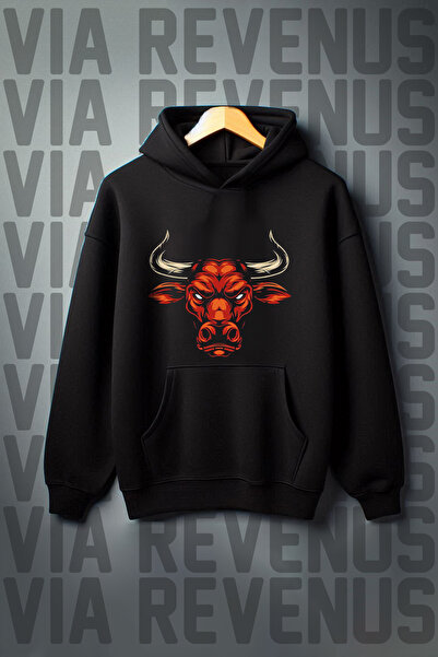 Vordevia Суитшърт с качулка и щампа на бик, 3 нишки - голям размер - с джоб т...