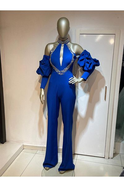 Robes Stone EmbroIdered Crepe EvenIng Dress JumpsuIt wIth Balloon Sleeve and ZIpper - Flare Leg
