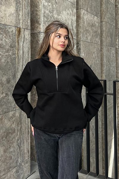 la & vetta Oversize Black Sweatshirt - Zipper Detailed