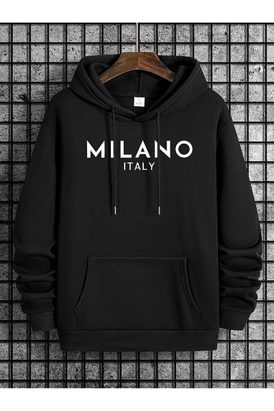 PALPİTO Hanorac negru unisex cu glugă cu imprimeu Milano - Glugă cu 3 fire