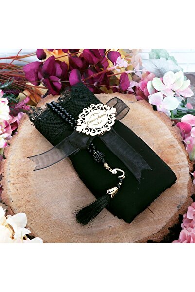 MaveraShop Kişiye Özel Pleksi Iğne Oyalı Şal Ve Inci Tesbih Seti - Koyu Yeşil