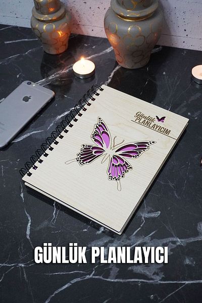 markcat A5 Notebook - Butterfly Wooden Plan Notebook, Daily Planner, Agenda Designed