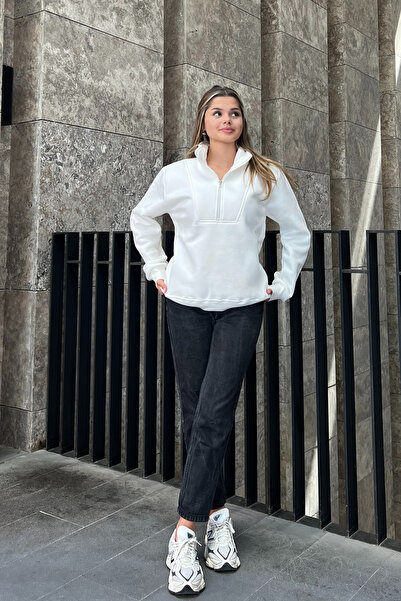 la & vetta Oversize Λευκό Φούτερ - Λεπτομέρεια με φερμουάρ