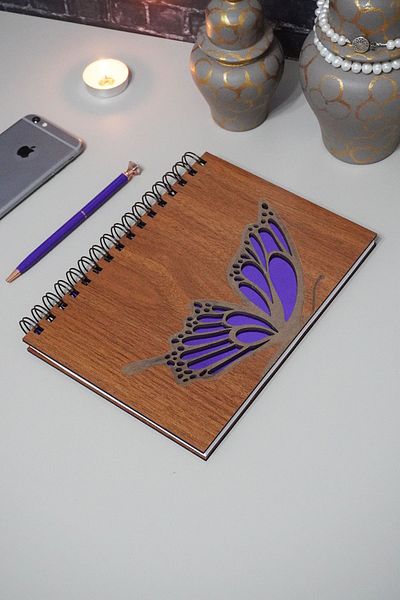 markcat Wooden Notebook Butterfly Patterned - Agenda and Daily Use - Unlined Memory Book - Gift