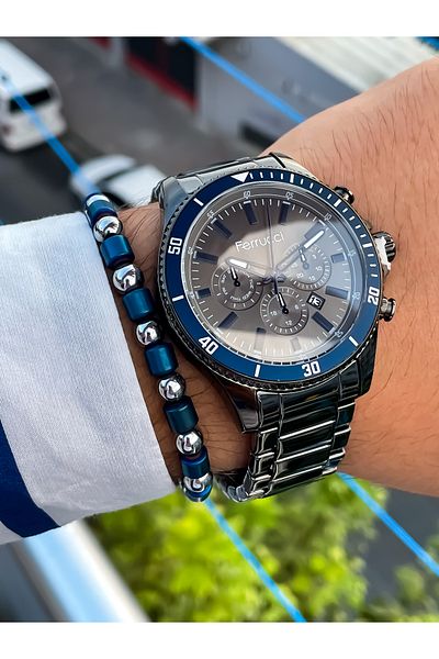 Ferrucci All Functions Active Waterproof Steel Case Silicone Cord Men's Wrist Watch with Bracelet gift