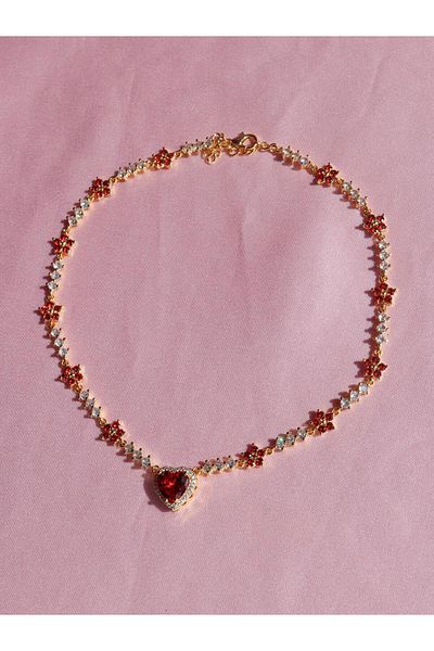 Reorah Collection Red Flower Patterned Zircon Heart Necklace