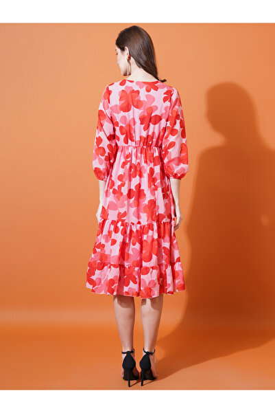 U&F By Styli Floral Print V Neck Tiered Midi Dress