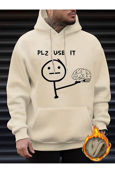 PALPİTO Μπεζ ανδρικό φούτερ με κουκούλα - Plz Use It Printed, φούτερ με κουκούλα 3 νημάτων