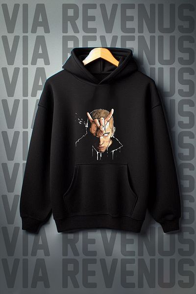 Vordevia Eminem Printed Black Oversize Hooded Sweatshirt - Kangaroo Pocket, 3 Thread Raster