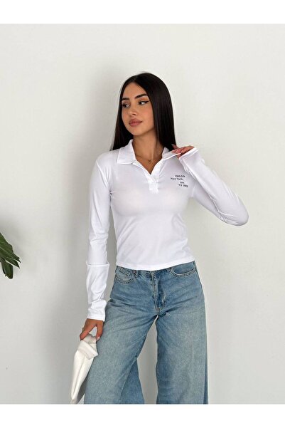 Noa Noa New York Printed - Lettered Collar Long Sleeve Crop Sweatshirt