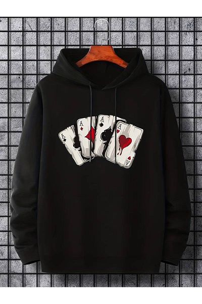 PALPİTO 4 As Printed Unisex Μαύρη κουκούλα με κουκούλα - Φούτερ με 3 νήματα