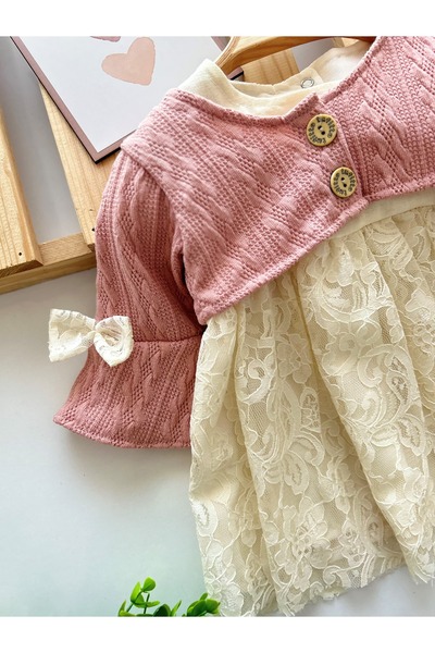 Tufitto Kanatlı Triko Bolerolu Kız Bebek Elbise
