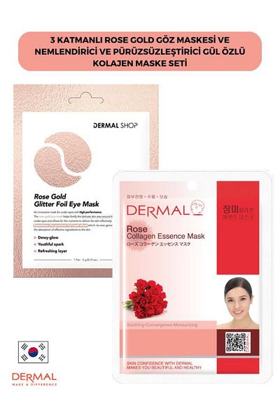 Dermal Rose Gold 3-layer Rose Essence Collagen Mask Set - Moisturizing and Smoothing