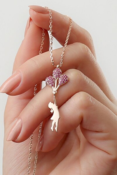 Silvano Jewelry 925 Ayar Gümüş Kırmızı Zirkon Taşlı Balonlu Kız Kolye
