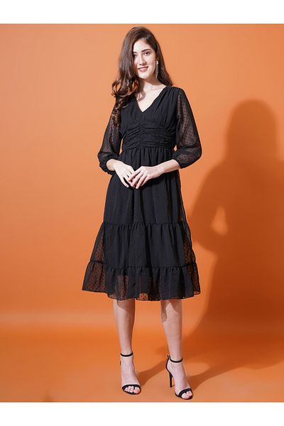 U&F By Styli Dobby V Neck Tiered Midi Dress