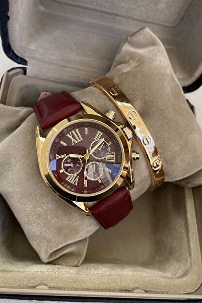 Leerybee Deri Kordon Kartier Bileklik Hediyeli Retro Model Kombine Deri Kordon Kadın Kol Saati Hediye Kutulu